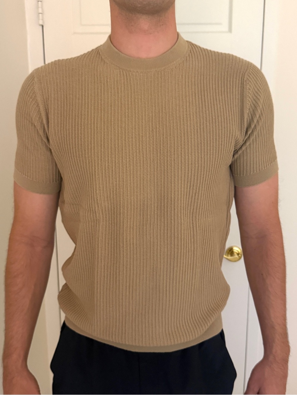 Mango Men’s Ribbed Textured Short-Sleeve Knit Shirt in Tan
